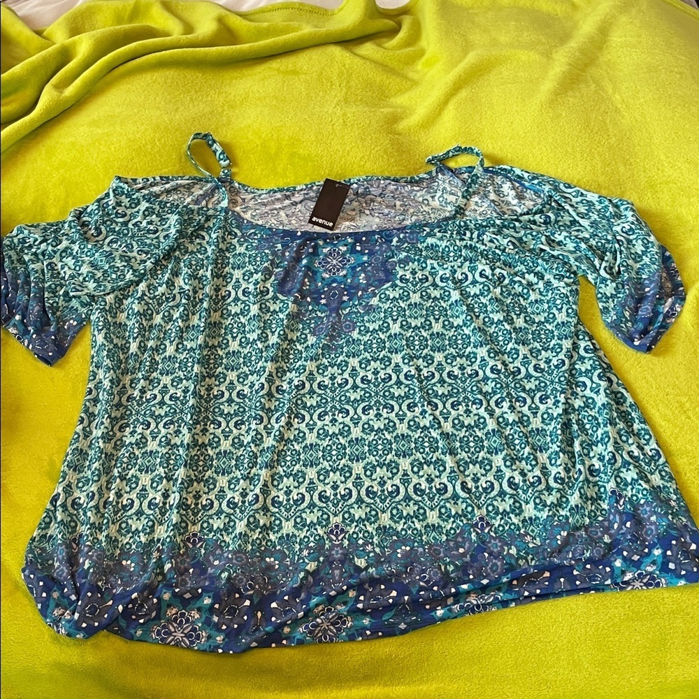 Avenue Teal & Blue Cold-Shoulder Printed Blouse 30/32